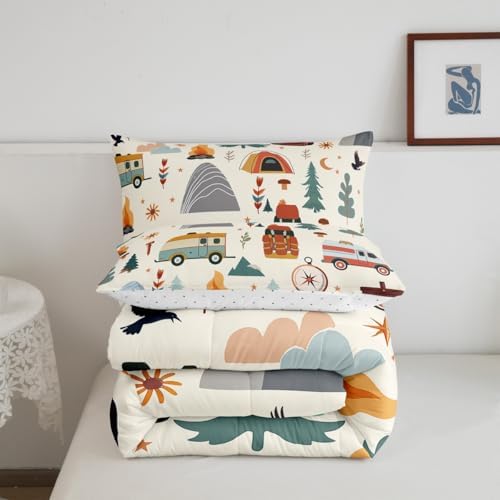 Feelyou Happy Camping Comforter Set for Kids Boys Girls Full Travel Bag Tent Compass Print Bedding Set Soft Outdoor Travel Duvet Quilt Camping Gifts Comforter Travel Trailers Themed