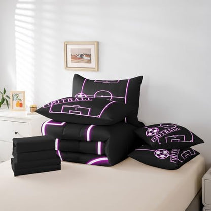 Teens Soccer King Comforter Set 7 Pieces Sports Bedding Comforter Sets for Boys, Black Hot Pink Football Field Bed in a Bag Ball Gaming Bedding Set, Sport Gamer Bed Sheets Set (Black Reversible)