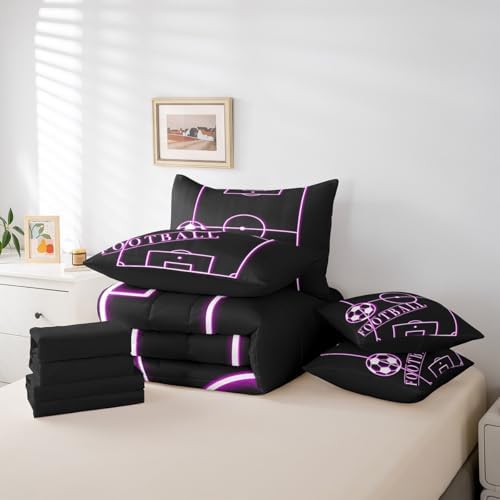 Teens Soccer Bedding Queen Size 7-Piece Sports Comforter Set for Boys, Black Hot Pink Football Field Bedding Comforter Sets Ball Gaming Bed in a Bag, Sport Gamer Bedding Accessories (Black Reversible)