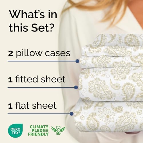Cal King 4 Piece Floral Sheet Set - Breathable & Cooling - Taupe Paisley