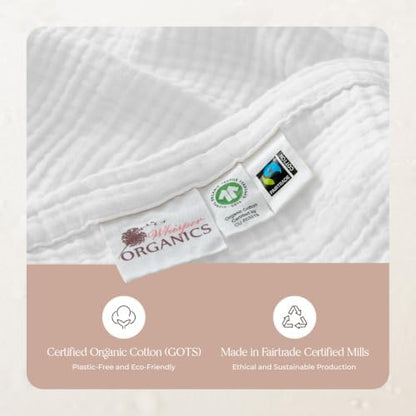100% Cotton Organic Muslin Throw Blanket for Adults GOTS & Fairtrade Certified Organic Cotton - Couch Living Room and Bedroom Decor - 4 Layer Super Soft and Cozy (White, Throw)