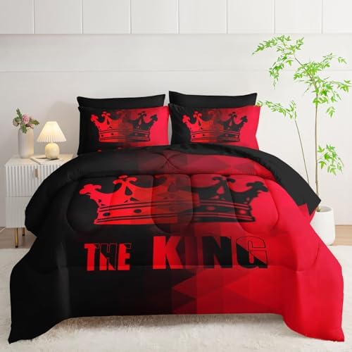 7Pcs Crown Comforter Set Black Red Gradient Art Printed Bedding Set with 1 Comforter, 1 Flat Sheet, 1 Fitted Sheet and 4 Pillowcases for Boys and Girls Bedroom All Season(Crown Queen
