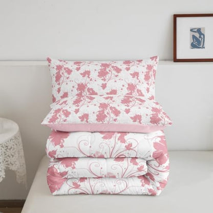 jejeloiu Pink Flower Comforter Set Full Size Kids Floral Bedding Set for Boys Girls Teens Botanical Duvet Breathable Minimalist Aesthetics Quilt Bedroom Decor,1 Comforter with 2 Pillowcase