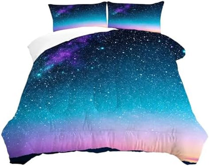 Gradient Comforter Set King Size Blue Galaxy Bedding for Boys Teen Women Girls Space Stars Moon Bedroom Decor Quilt Bed Sets, 1 Comforter 2 Pillowcases