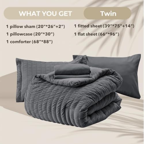 HYMOKEGE Twin Comforter Set Seersucker 5 Pieces, All Season Luxury Bed in a Bag for Bedroom, Bedding Set with Comforters, Sheets, Pillowcase & Sham, Dark Grey