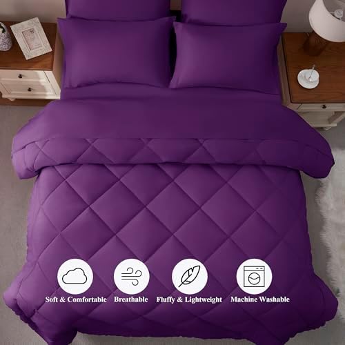 ELNIDO QUEEN® Purple King Size Comforter Set - 7 Pieces Comforter King Size, Ultra Soft Bed in a Bag Bedding Sets with All Season Comforter, Flat Sheet, Fitted Sheet and Pillowcases and Shams