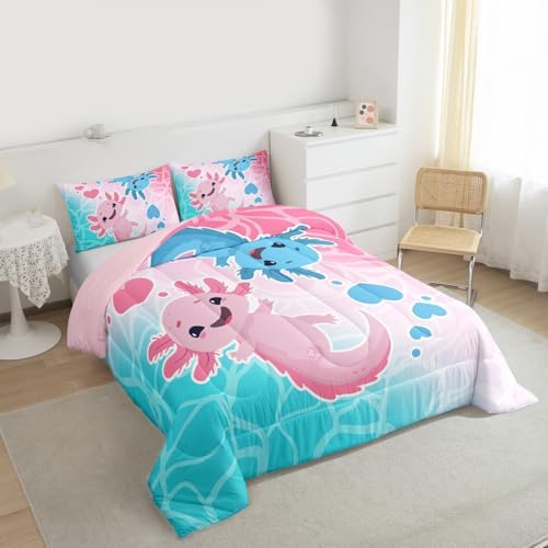 Castle Fairy Cute Axolotls Comforter Set King Size Watercolor Pink Sea Blue Bedding Set 3pcs for Kids Girls Boys Teens Room Decor Ocean Style Fish Quilt Set Kawaii Romantic Duvet Insert,2 Pillowcases