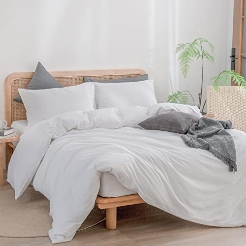 BESTOUCH Cotton Solid Duvet Cover Set Linen Feel Bright White Full