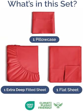 Extra Deep Twin Sheet Set - 3 Piece Breathable & Cooling Bed Sheets - Red