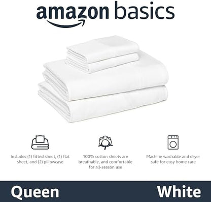 Amazon Basics 100% Cotton Jersey Bed Sheet Set, Breathable, Machine Washable, Queen, White, Solid