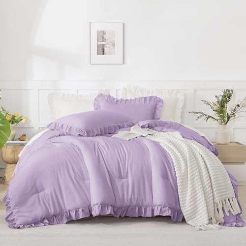 Andency Oversized King Comforter Set,3 Pieces Lavender Ruffle Bedding Set