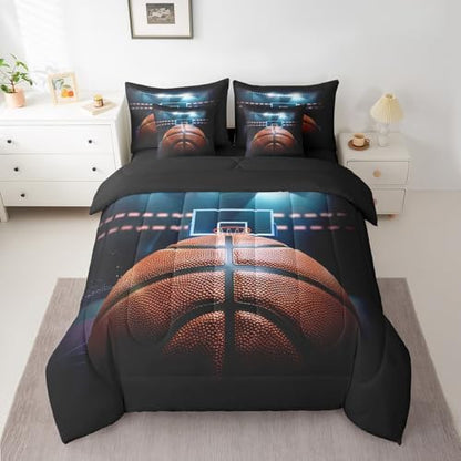 Erosebridal 3D Basketball 7 Piece Bedding Set King Size,Sports Theme Bed in a Bag,Basketball Game Bed Set Includes Comforter, Sheet Set, Pillowcases & Pillow Covers All Season Bedroom Decor