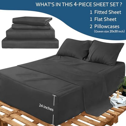 Deep Pocket Twin XL Sheet Sets Extra Long Twin Sheets 4 Piece, Black