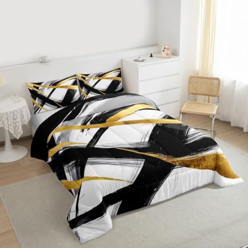 jejeloiu Black Gold Comforter Set Geometric Bedding Set Queen Size 3 Pcs