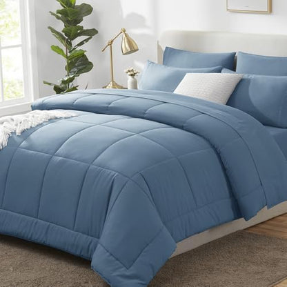 CozyLux Super King Comforter Set Dusty Blue - 7 Pieces Bed in a Bag