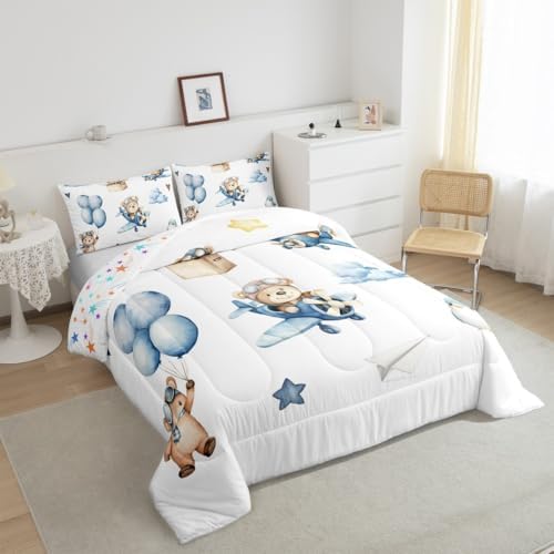 Erosebridal Cartoon Aircraft King Size Bedding Set, Cute Bear Airplane Propeller Plane Comforter Set for Kids Boys Girls Adults Bedroom, Lovely Bird Animals Comforter, Balloon Star Cloud Quilt