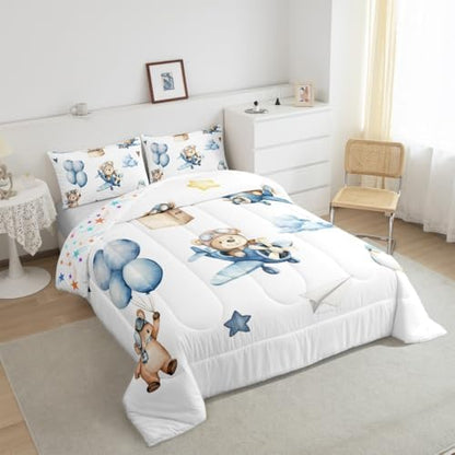Erosebridal Cartoon Aircraft King Size Bedding Set, Cute Bear Airplane Propeller Plane Comforter Set for Kids Boys Girls Adults Bedroom, Lovely Bird Animals Comforter, Balloon Star Cloud Quilt