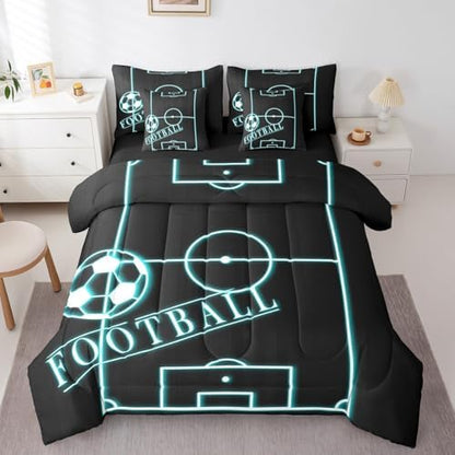 Erosebridal Sports Bed in a Bag 7-Piece for Boys Football Bedding Set, Soccer Game Queen Size Comforter Set Black Teal Bedding Comforter Sets, Neon Blue Football Field Bed Set (Black Reversible)
