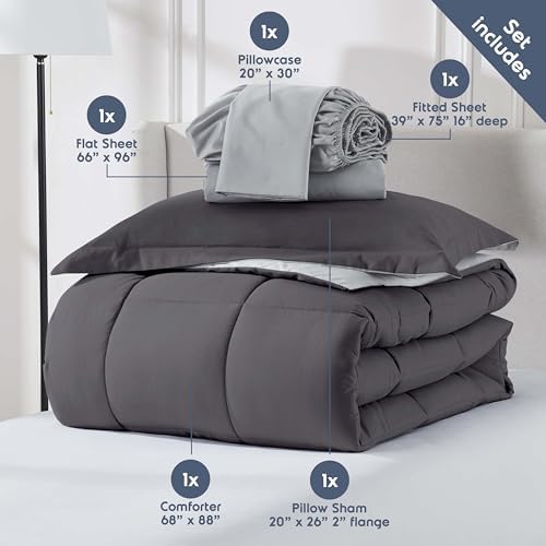 Nestl 7 Piece Twin Comforter Set – Dark Grey Reversible Bed in a Bag – Complete Twin Size Bedding Set with Sheets, Set of 2 Down Alternative Pillows, Pillowcase and Sham