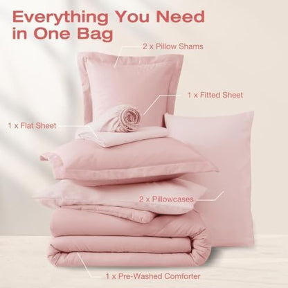 Sasttie King Comforter Set 7-Piece Pink, Pre-Washed Bed in a Bag