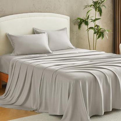 Andency Sateen Sheets Set, 100% Viscose Derived from Bamboo, Hotel Luxury Silky & Cooling for Hot Sleepers, Deep Pocket Up to 16", Grey King