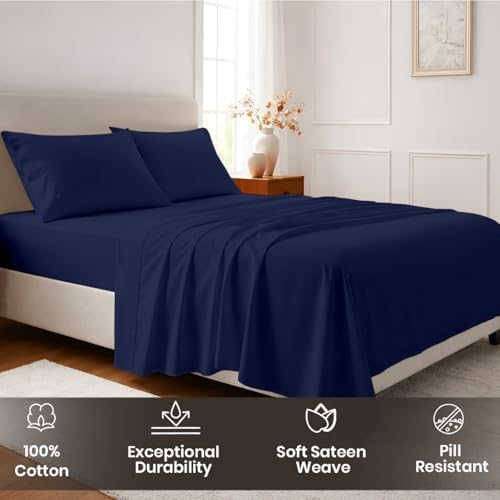 SGI bedding 100% Egyptian Cotton Sheets Queen Size – Cooling Sheets, Soft Breathable Navy Blue Bedding, Luxury Bedding, Luxury Hotel Sheet Set, Deep Pocket 16", 4 Piece Set