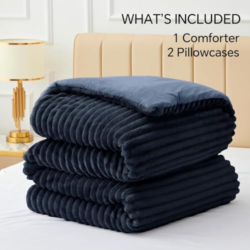 BEDELITE Fleece Full Comforter Set, Fluffy Bed Set, Navy Blue