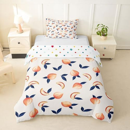 Erosebridal Peach Comforter Cover Set Twin for Girls Women Kids Cute Cartoon Fruit Printed Reversible Duvet Cover Stripe Decor Simple Soft Microfiber Polyester Bedding Set, Zipper, 2 Pieces