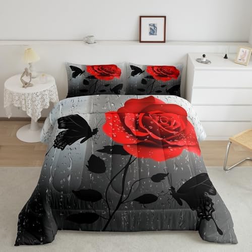 jejeloiu Red Rose Comforter Set Queen Size Kids Floral Flower Bedding Set for Boys Girls Teens Garden Flower Butterfly Duvet Breathable Romantic Quilt Bedroom Decor,1 Comforter with 2 Pillowcase