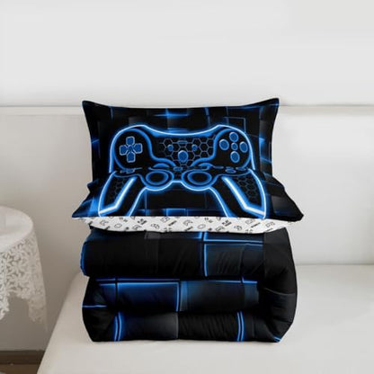 Feelyou Kids Gamer Comforter Set King Size Blue and Black Bedding Set for Boys Teens Decor Honeycomb Gaming Ombre Comforter Geometric Square Duvet Set 3PCS
