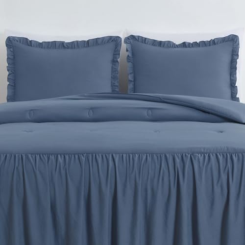 Chezmoi Collection Sinclair 3-Piece Ruffle Skirt Bedspread Set - French Country Chic Farmhouse - Queen, Dusty Blue