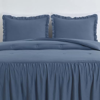 Chezmoi Collection Sinclair 3-Piece Ruffle Skirt Bedspread Set - French Country Chic Farmhouse - Queen, Dusty Blue