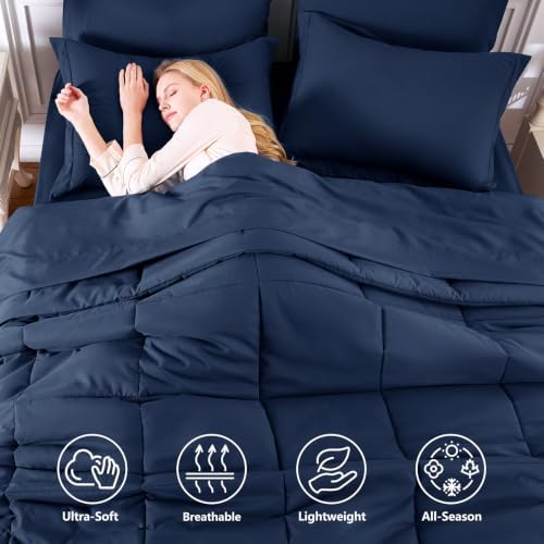 CozyLux Super King Plus Comforter Set, 7-Piece Bed in a Bag, Navy Blue