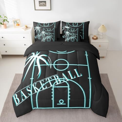 Erosebridal Sports Bedding Comforter Sets 7pcs for Boys Basketball Bed in a Bag, Basketball Game Queen Bedding Sets Black Teal Comforter Set, Neon Blue Basketball Court Bedding Sets & Collections