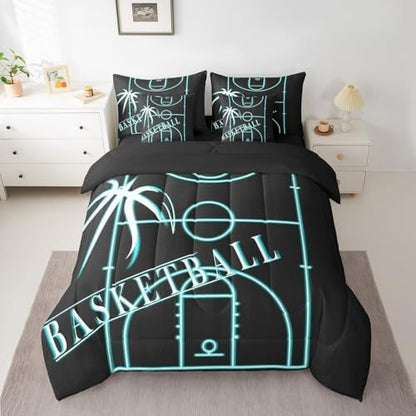 Erosebridal Sports Bedding Comforter Sets 7pcs for Boys Basketball Bed in a Bag, Basketball Game Queen Bedding Sets Black Teal Comforter Set, Neon Blue Basketball Court Bedding Sets & Collections