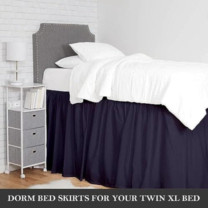 Crown Collection 34 Inch Drop Twin XL Size Dorm Bed Solid Bed Skirt Stylish Ruffled Pattern Split Corner Easy Fit Easy Care Fade & Wrinkle Resistant- Micorfiber