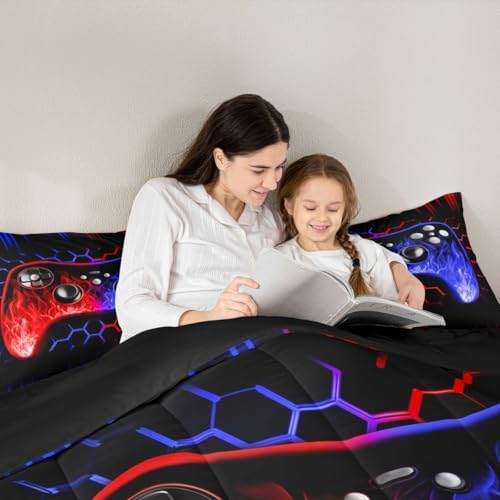 Erosebridal Honeycomb Gamer Kids Comforter Set Red Blue Neon Lights Game Consoles King Bedding Set Ombre Art Geometry Hexagon Beehive Duvet Set Gaming Decor for Boys Bedroom Decor