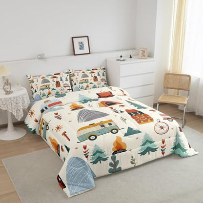 Feelyou Happy Camping Comforter Set for Kids Boys Girls Full Travel Bag Tent Compass Print Bedding Set Soft Outdoor Travel Duvet Quilt Camping Gifts Comforter Travel Trailers Themed