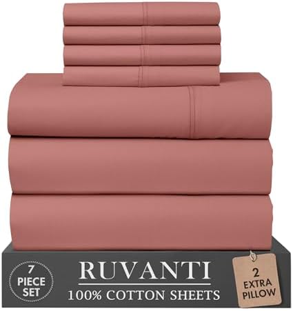 RUVANTI 100% Cotton Split King Sheets, Percale Sheets Set, Terracotta