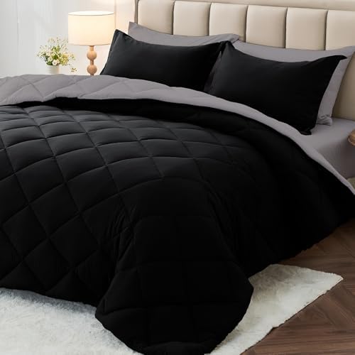 MUXHOMO 7 Pieces Oversized Queen Comforter Set, Reversible Bed in a Bag Oversized Queen Size, All Season Bedding Set with Comforter, Flat Sheet, Fitted Sheet, Pillowcases & Shams, Black & Soot