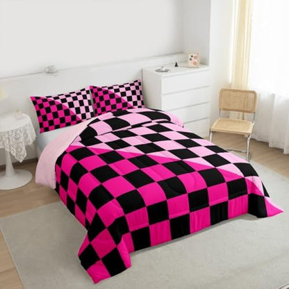 Checkered Retro Comforter Set All Season Modern Geometric Cute Bedding Set with 2 Pillow Cases Rose Pink Light Pink Kids Queen Bedclothes Vintage Simple Groovy Aesthetic Bedroom Decor Duvet Quilt