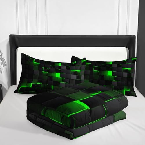 Nttopship Geometric Green Black Comforter Set,Light Honeycomb 3 Piece Bedding Set Twin Size for Teen Boys,Modern Quilt Set Geometry Decor,Microfiber Lightweight 1 Comforter 2 Pillowcases All Season