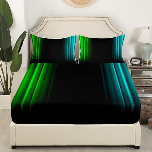 Feelyou Teens Abstract Ombre Decorations Bedding Set for Kids Women Green Teal and Black Bed Sheets Set Geometric Modern Fitted Sheet Sets Room 4Pcs King Size