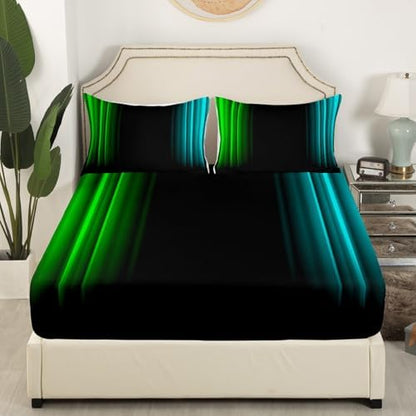 Feelyou Teens Abstract Ombre Decorations Bedding Set for Kids Women Green Teal and Black Bed Sheets Set Geometric Modern Fitted Sheet Sets Room 4Pcs Full Size