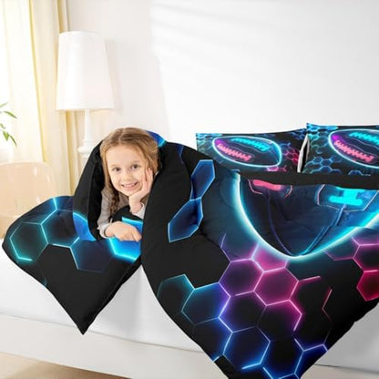 Erosebridal Rugby Sports Comforter Set for Kids Boys Girls Football Bedding Honeycomb Hexagon Duvet Set Colorful Neon Lights Comforter Full with 2 Pillowcases