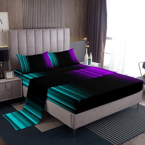 Feelyou Teens Abstract Ombre Decorations Bedding Set for Kids Women Teal Purple and Black Bed Sheets Set Geometric Modern Fitted Sheet Sets Room 4Pcs King Size