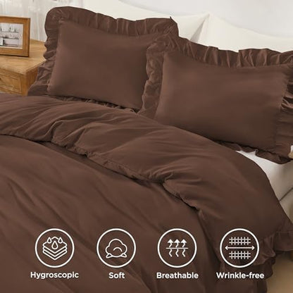 Andency Brown Ruffle Duvet Cover King, Shabby Chic Farmhouse Bedding Set