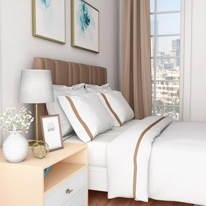BIOWEAVES 100% Organic Cotton Banded King Duvet Cover Set, 300 Thread Count Sateen Weave GOTS Certified Comforter Cover with Buttoned Closure and 2 Pillow Shams – White & Sand, 104x90 inches