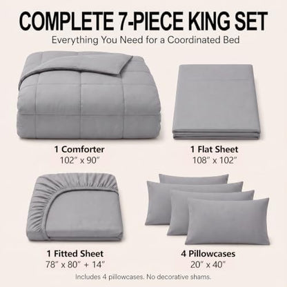 CozyLux King Size Comforter Set Grey - 7 Pieces Bed in a Bag