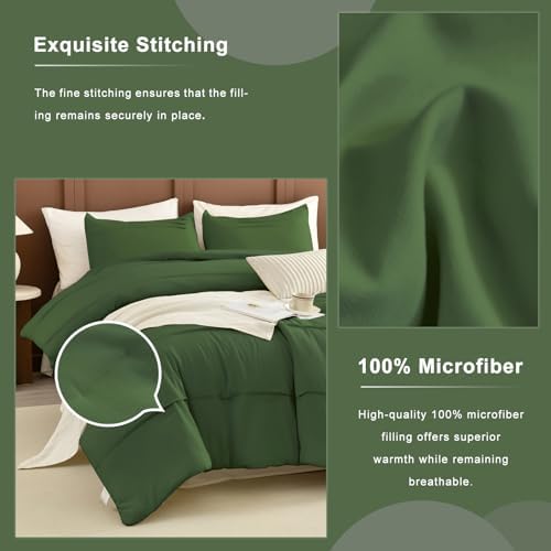 Masaca Olive Green Oversized King Comforter 120"x120",Pinch Pleat Dark Green Farmhouse Boho Bedding Set,3 Pieces Soft Lightweight Fluffy California King Comforter Set for All Season